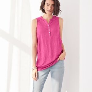 J Jill Love Linen Fuchsia 3 Button V Neck Tank Top Size Medium 100% Linen